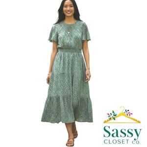 Fashion Brand Green White Floral Tiered Midi Dress Smocked Waist M EUC